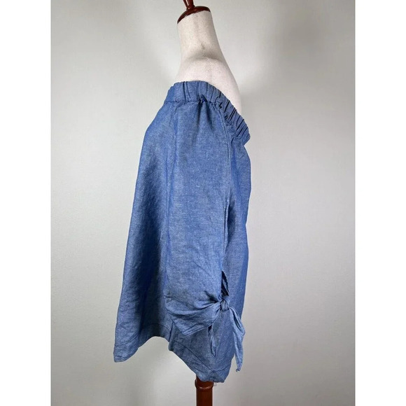 Free People Denim Off The Shoulder Top Size Medium Chambray Blouse Blue Summer - Picture 2 of 16